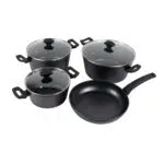 Set 7 piese din aluminiu cu strat neaderent compus din 3 oale cu manere +1 tigaie+ 3 capace sticla termorezistenta, inductie / ZLN 3277