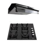 Pachet plita incorporabila (0058), gaz butelie sau gaz natural (duze de schimb incluse), 59x51 cm, aprindere electrica, sticla neagra si hota perete 2 motoare Inox (9676), 2 x 95w / SET 30006