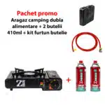 Pachet promo - Aragaz camping, aprindere automata, negru, dubla alimentare + 2 butelii 410ml + kit alimentare butelie / SET 30060