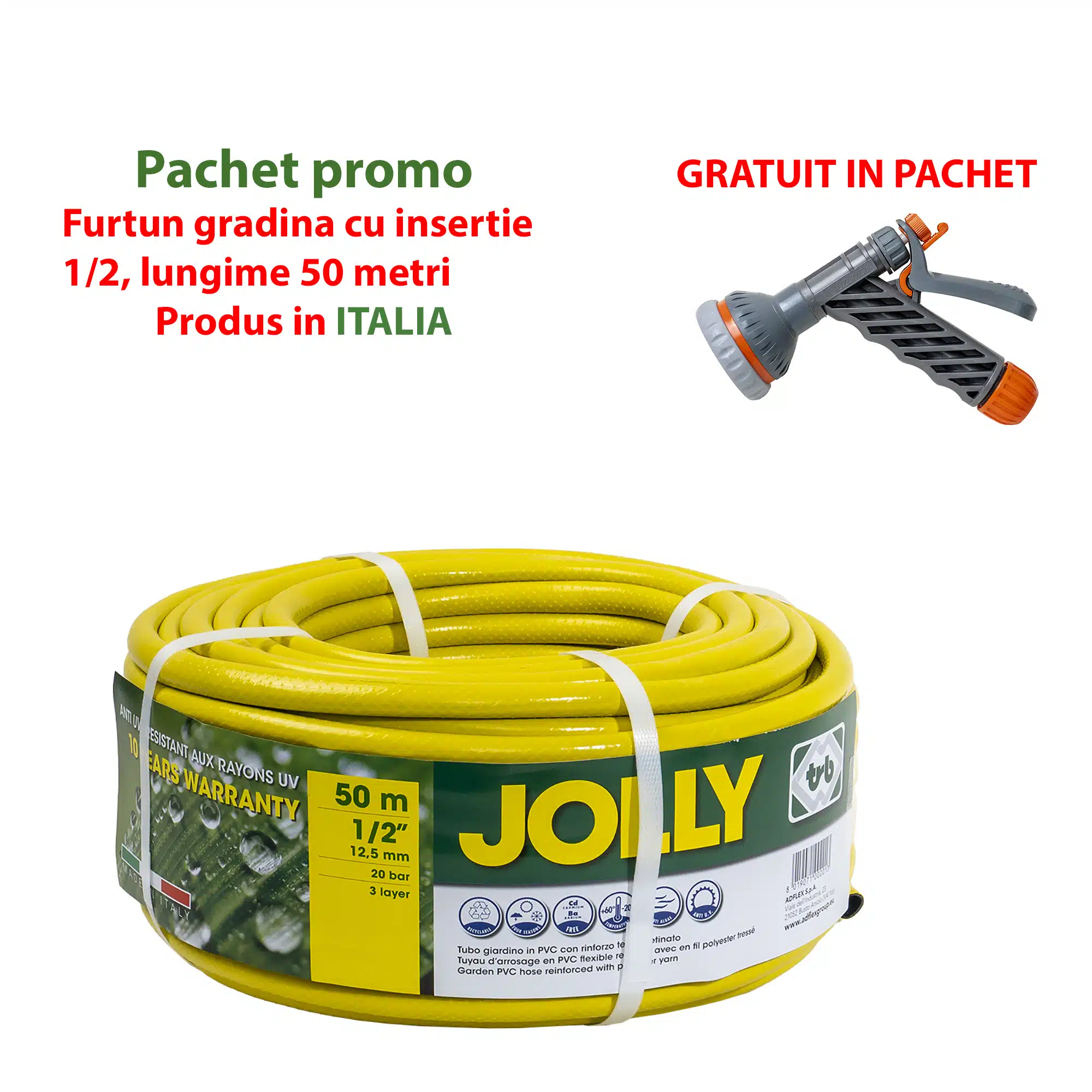 EXT-9662_3 Pachet promo - furtun gradina, armat, cu insertie 1/2, lungime 50 metri, galben, flexibil, rezistent la radiatii UV si la frig + pistol de udat / EXT 9662_1 - imagine 1