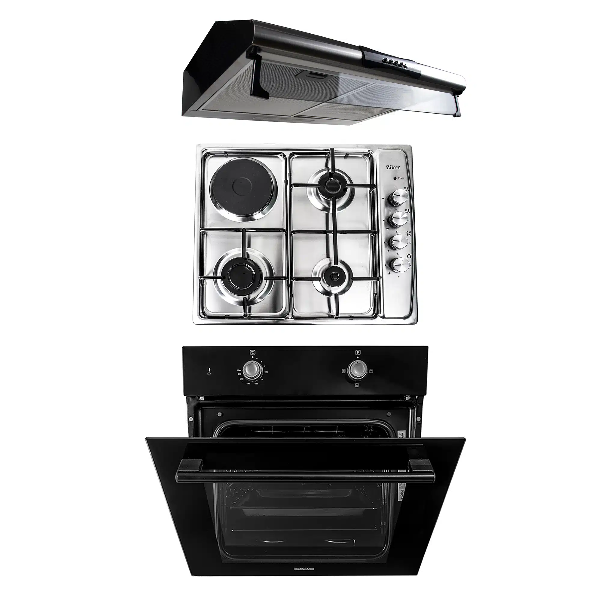 SET 30080_1 Pachet cuptor incorporabil (1857), capacitate 51L, electric, negru, plita incorporabila (1918), 60x50x6 cm, gaz butelie sau gaz natural (duze de schimb incluse), hota 2 motoare, inox, putere 2x95W (9676) / SET 30080 - imagine 1