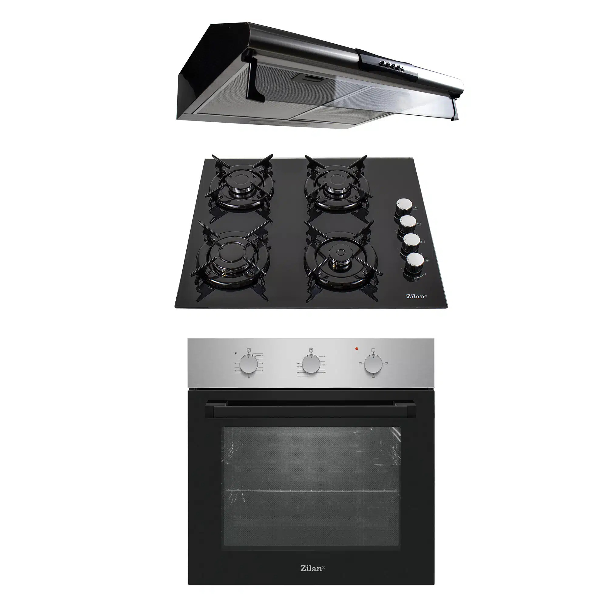 SET 30104_1 Pachet cuptor incorporabil (0065), 56 x 60 x 56 cm, electric, inox, plita incorporabila (0058), gaz butelie sau gaz natural (duze de schimb incluse), 59×51 cm, aprindere electrica, sticla, hota 2 motoare, inox, putere 2x95W(9676) / SET 30104 - imagine 1
