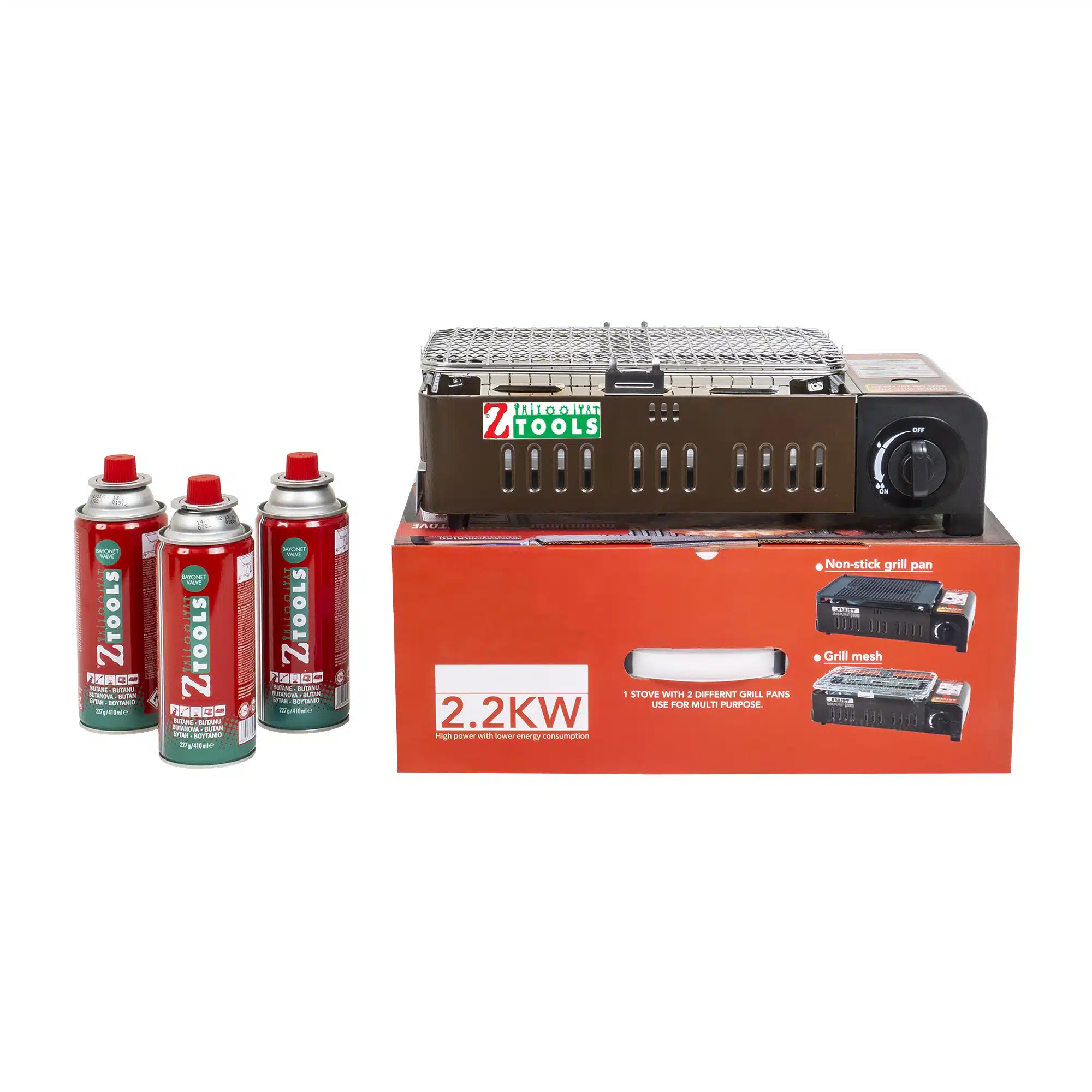 ZTS 5615_5 Pachet aragaz camping cu arzator mare, 2.2Kw, cu gril si tava + 3 butelii 410ml / ZTS 5615_1 - imagine 1