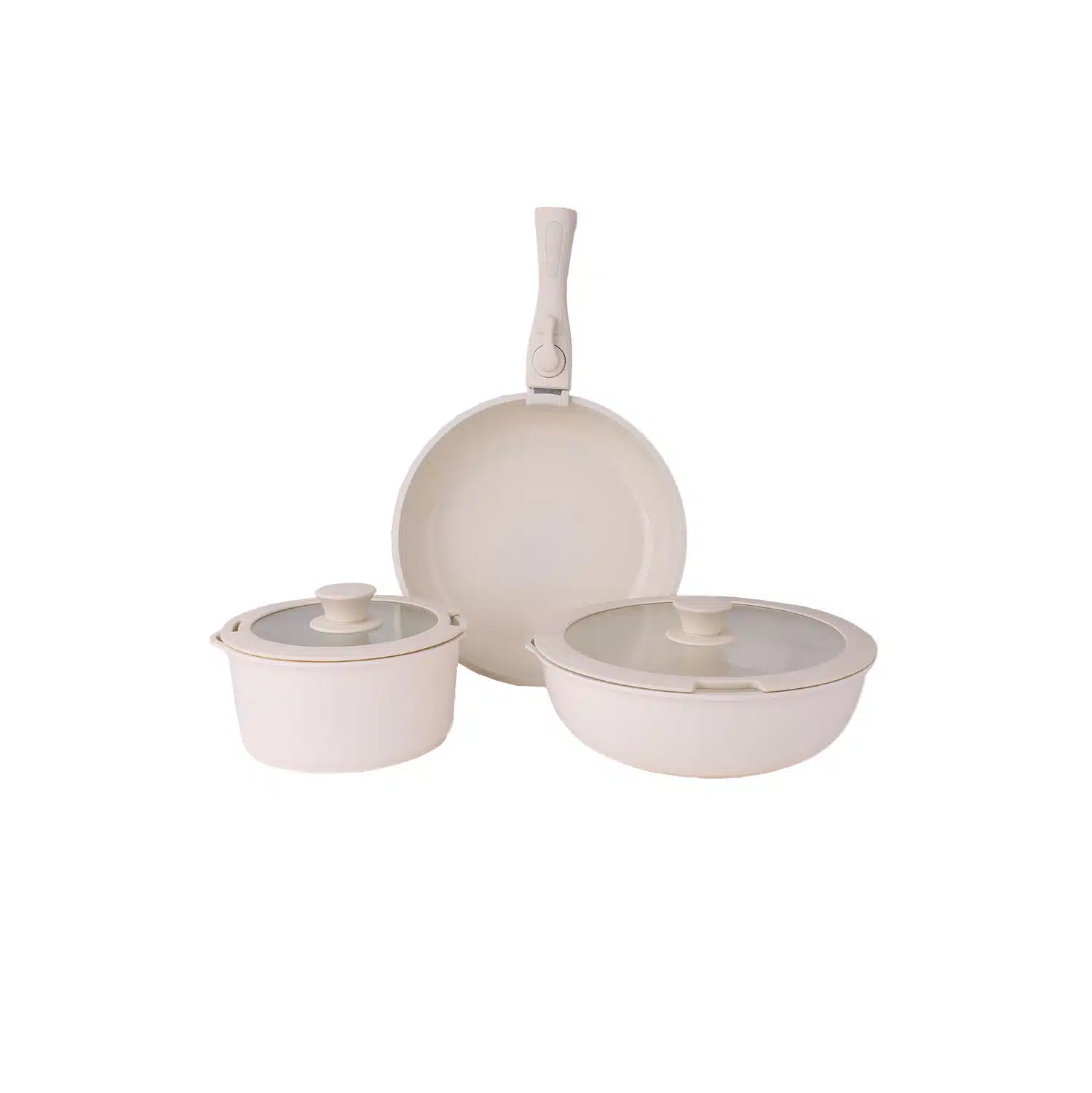 Set 5 piese din ceranica, compus din 2 oale, 1 tigaie si 2 capace