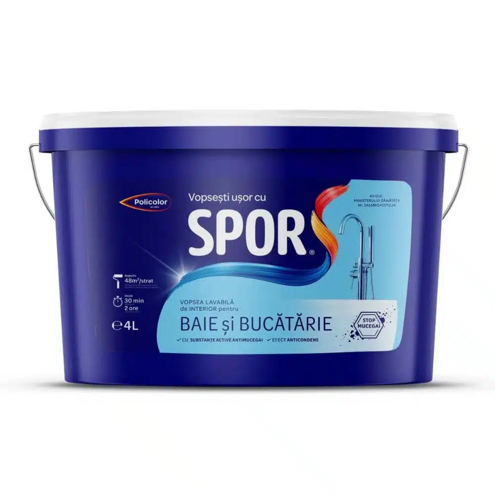 4000255 Vopsea lavabilă interior baie și bucătăie 4L, rezistență la umiditate, SPOR, albă / 4000255 - imagine 1
